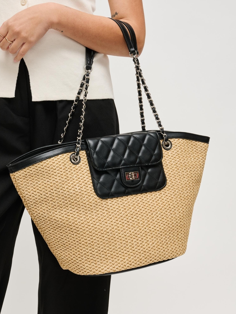 Landon Women's Natural Woven Straw Tote with Black Quilted Accent - Picture 2 of 6